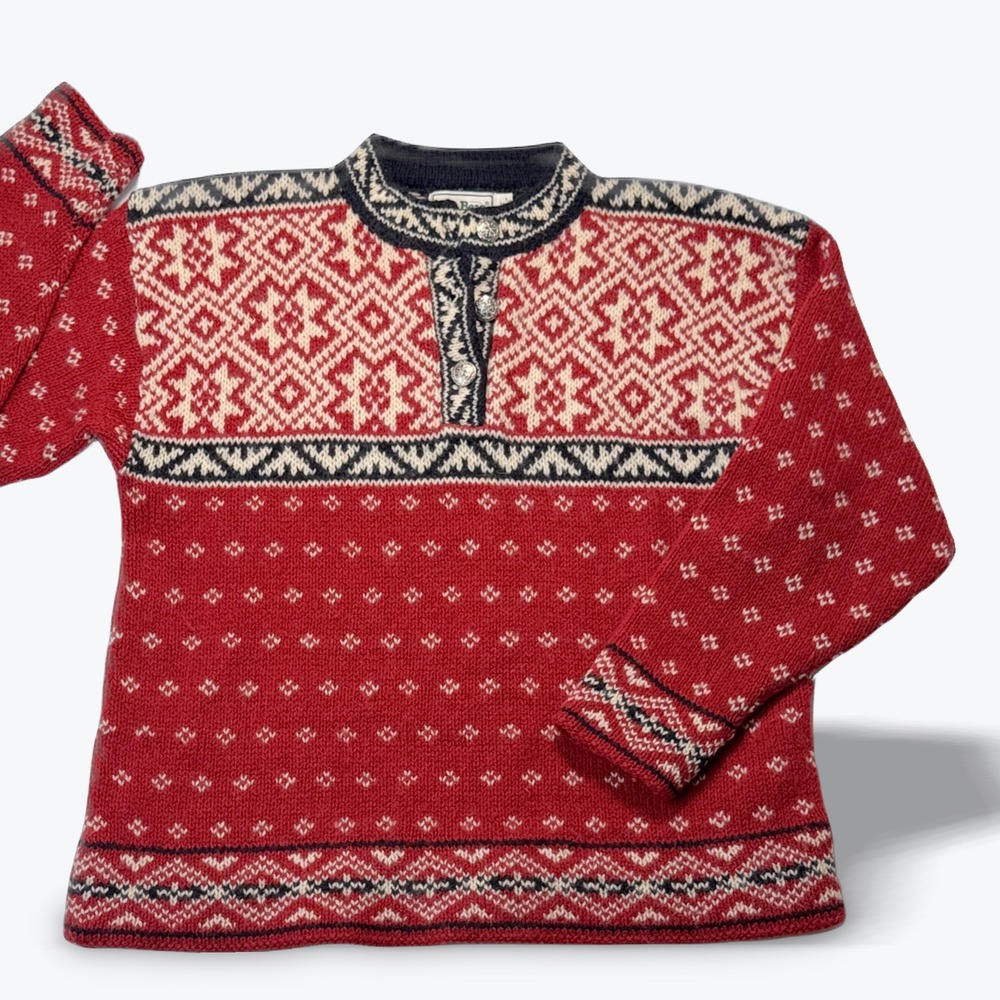 Vintage L.L. Bean Sweater 1980s Nordic Fair Isle Henley Red USA Small
